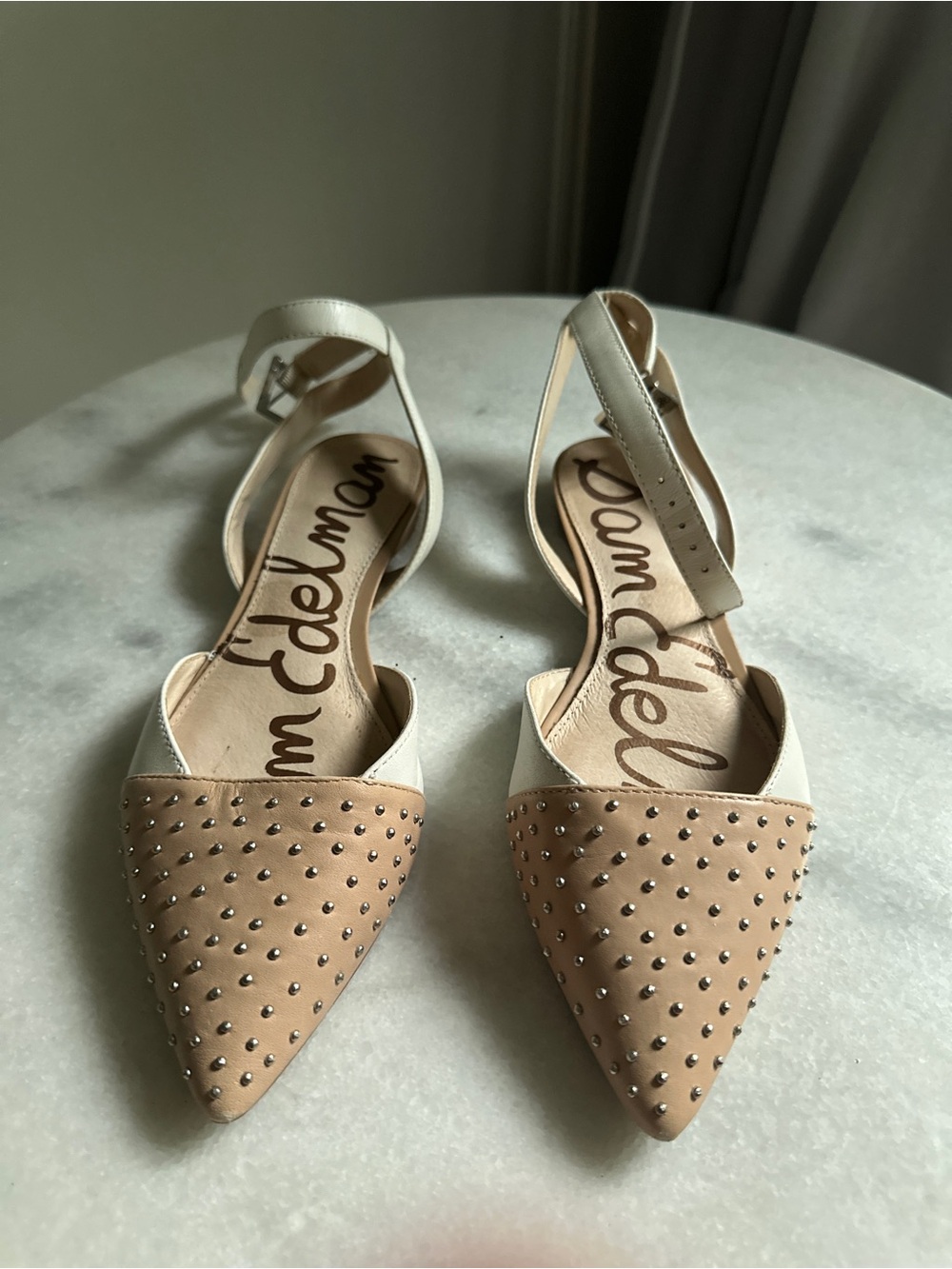 Sam Edelman Nude & Cream Studded Pointed-Toe Ankle-Strap Flats